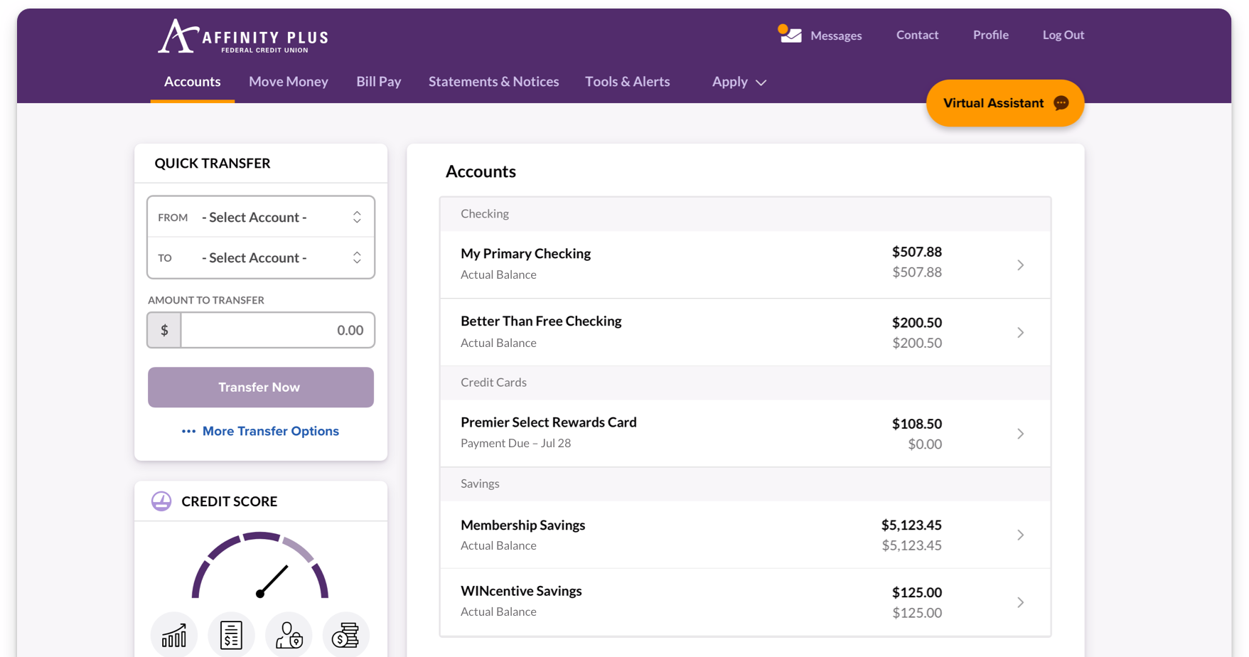 Affinity Plus Online Banking Accounts screen